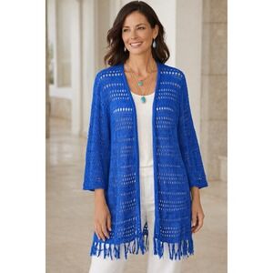 Chico's Travelers Cardigan 3 XL Blue Boho Crochet Fringe Duster Open Front
